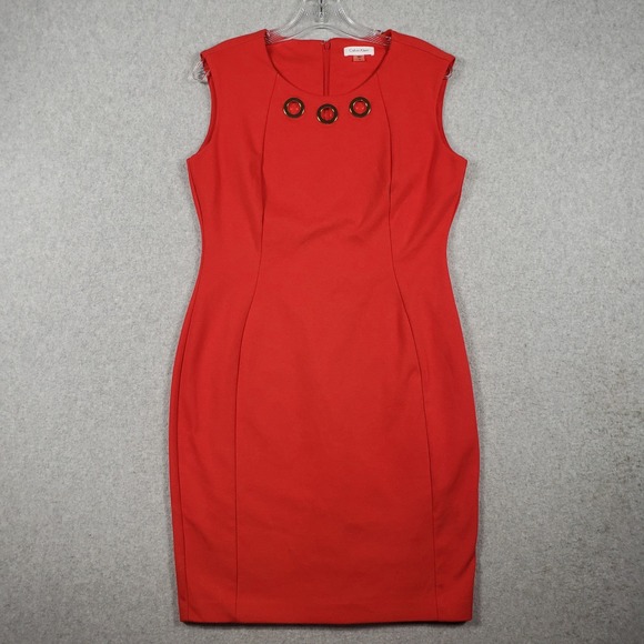 Calvin Klein Womens Dress Grommet Neck Sheath 10 Red Sleeveless Workwear Chic - Picture 2 of 12